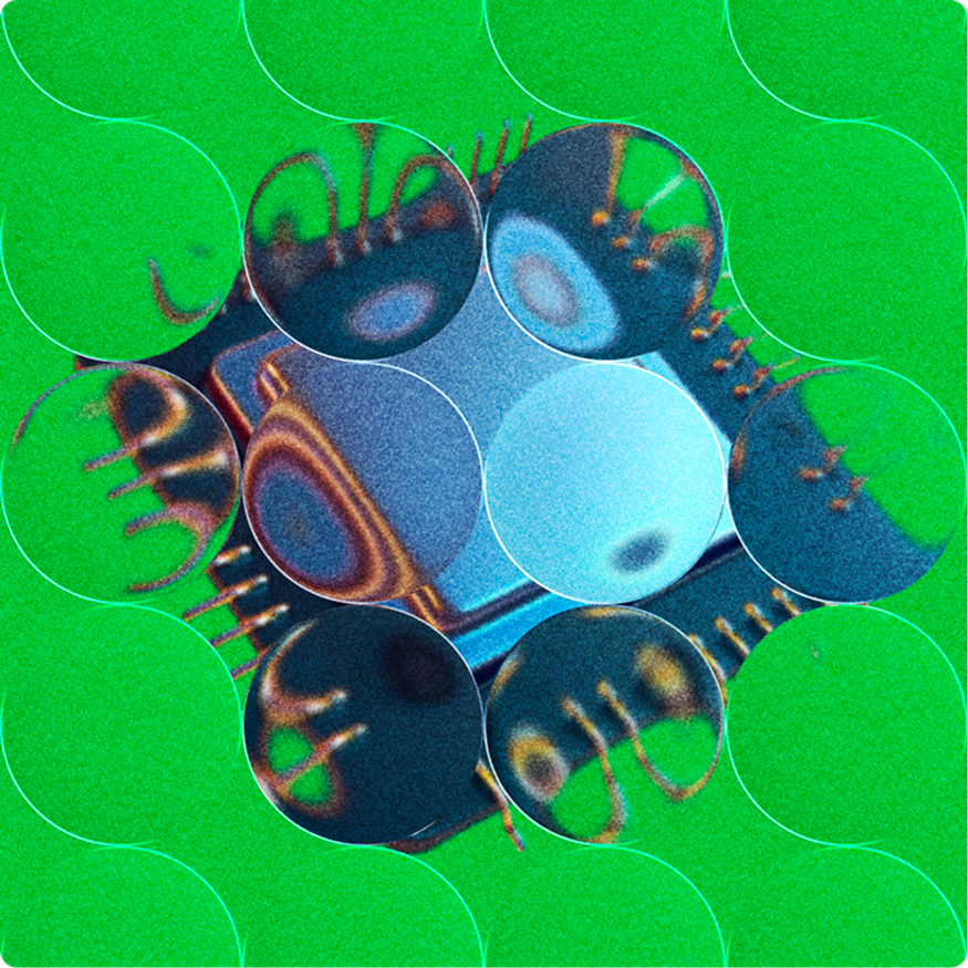 Abstracted design resembling a microchip with green background and glass orb overlay