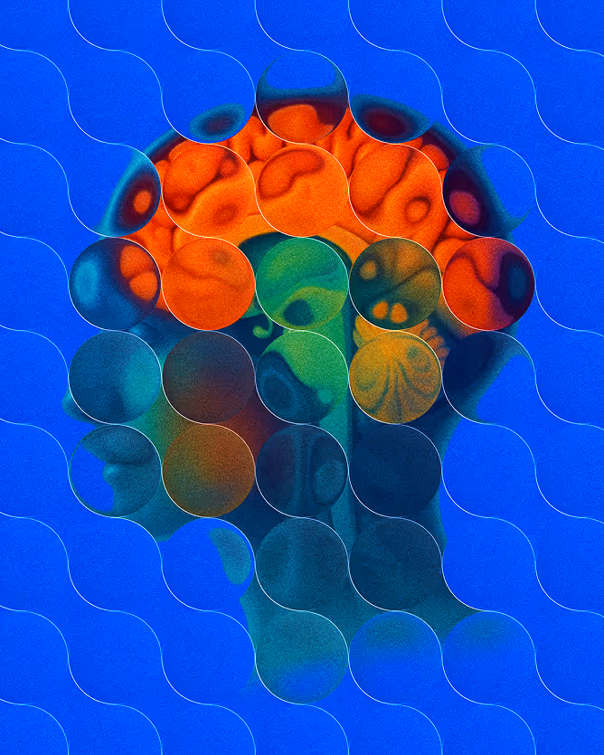 Abstracted brain illustration in red and blue with glass orb overlay.