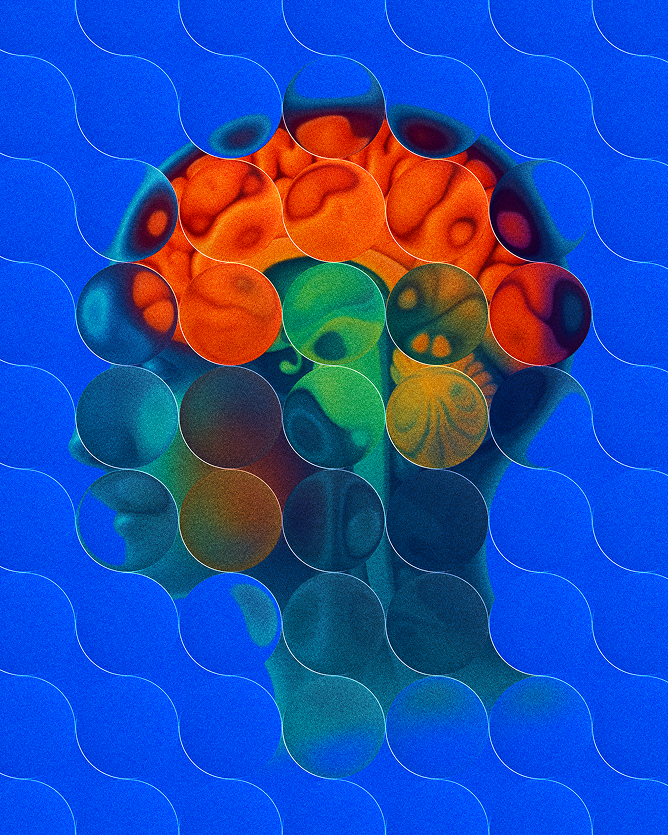 Abstracted brain illustration in red and blue with glass orb overlay.