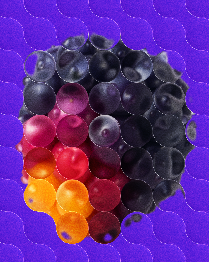 Abstract blackberry on purple background with glass orb overlay.