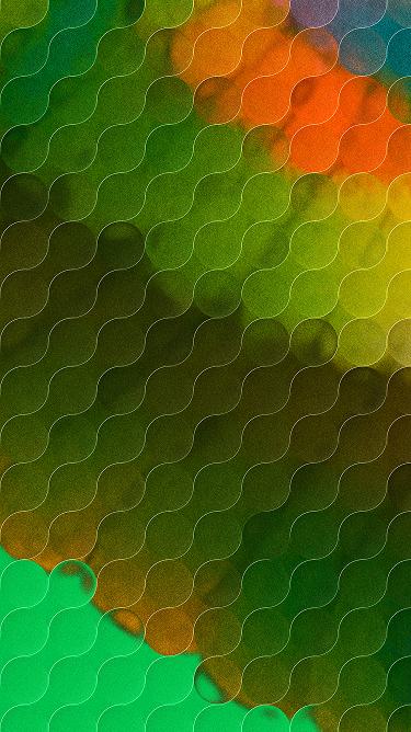 Abstracted bird wing with green, orange, teal shapes and glass orb overlay.