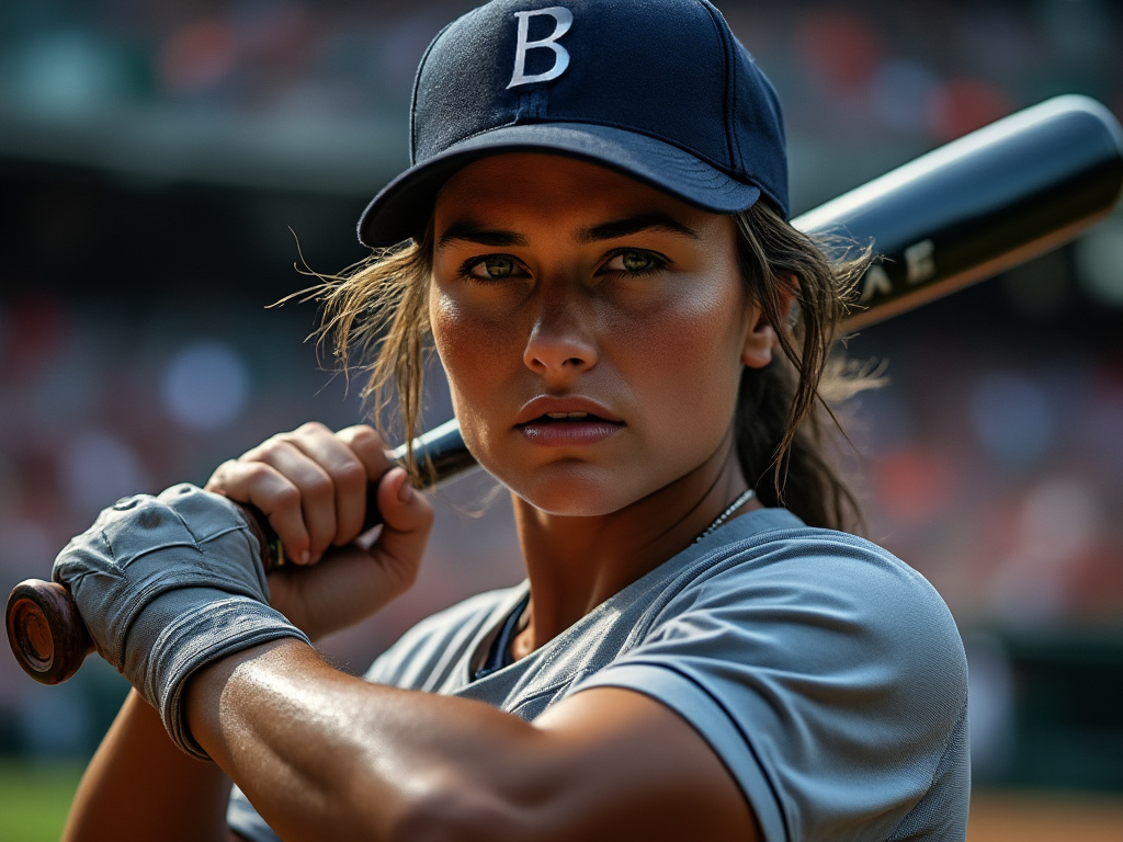 Image of a professional female baseball player holding a baseball bat.