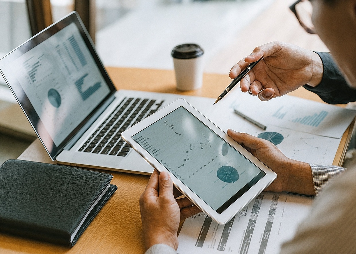 Business professionals analyzing financial charts on tablet and laptop during a meeting