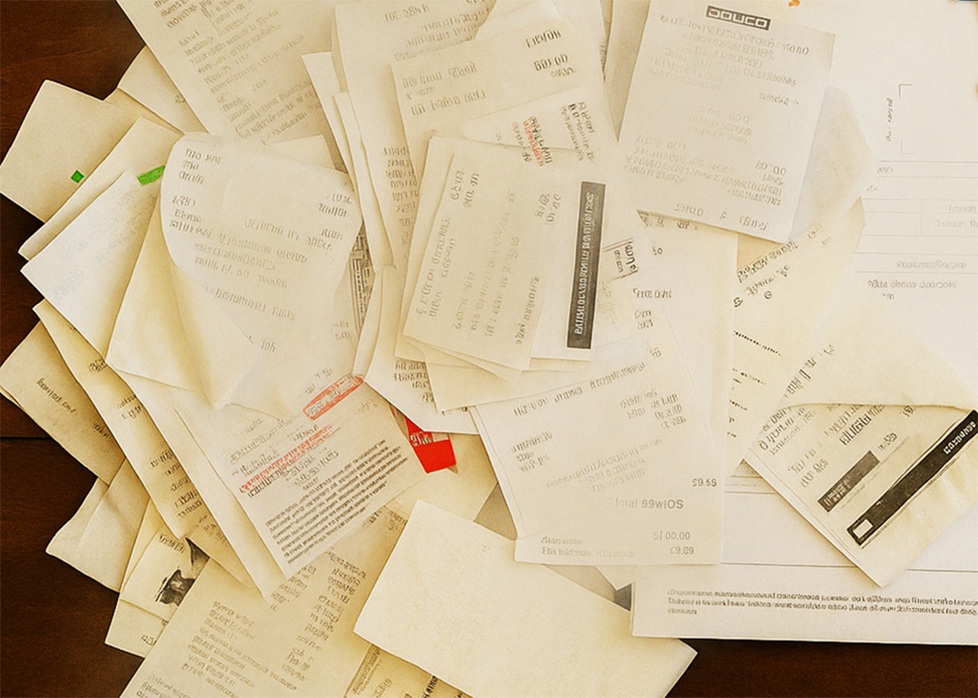 Scattered paper receipts and invoices on a desk, representing business expenses and financial paperwork.