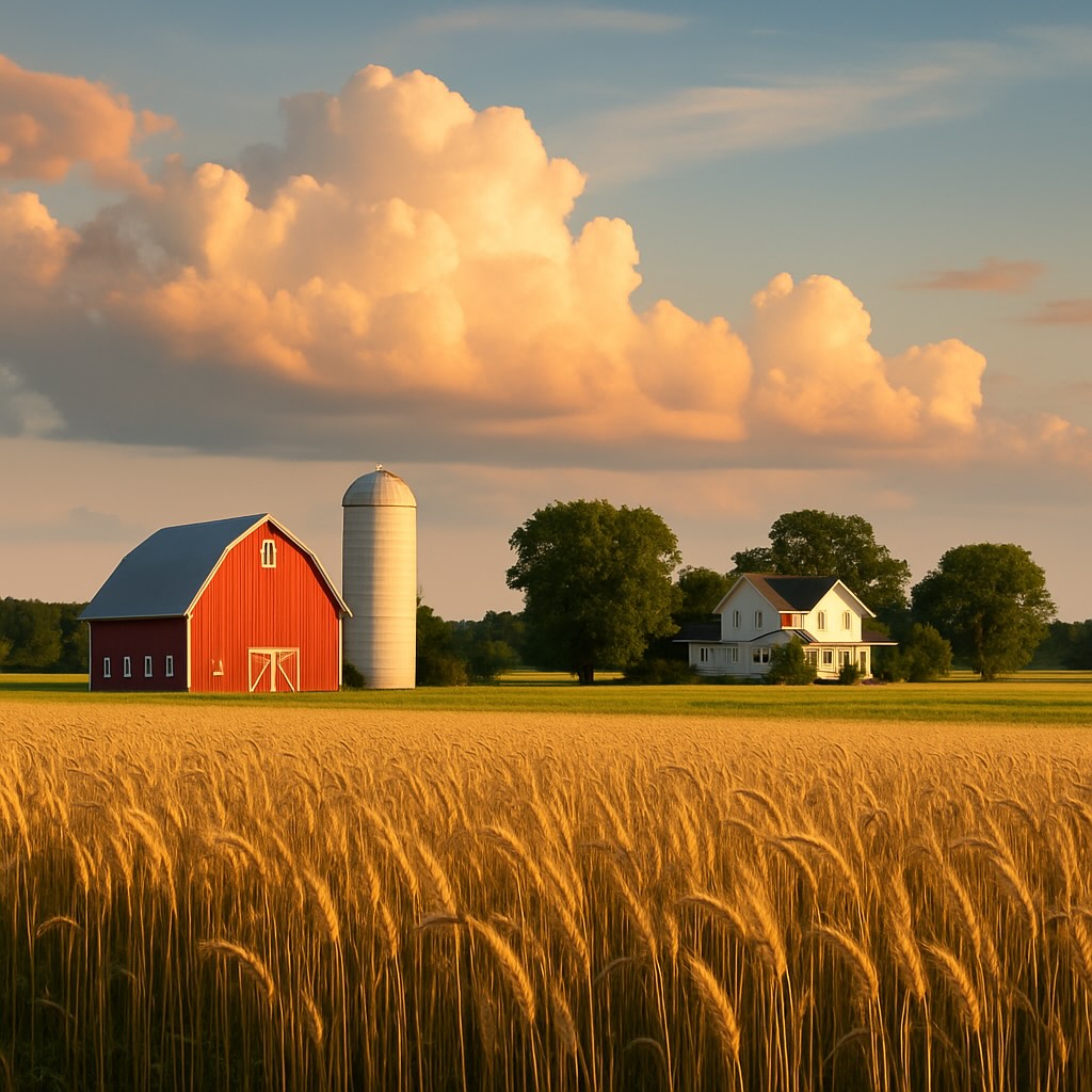 A scenic rural landscape in America's Heartland, featuring open farmland, a red barn, and a wide sky with soft clouds.