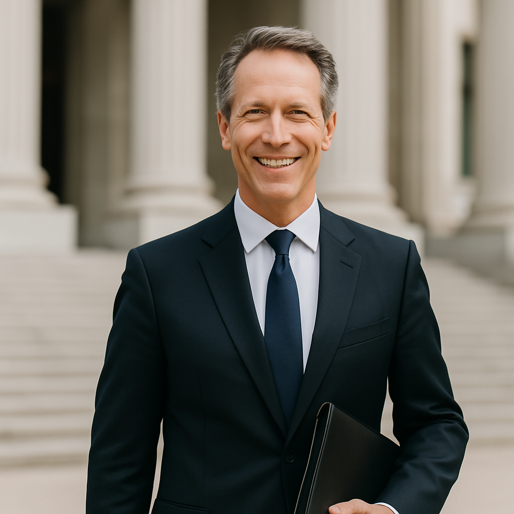 Smiling male attorney standing outside a courthouse, symbolizing law firm clients supported by compliant trust accounting services.