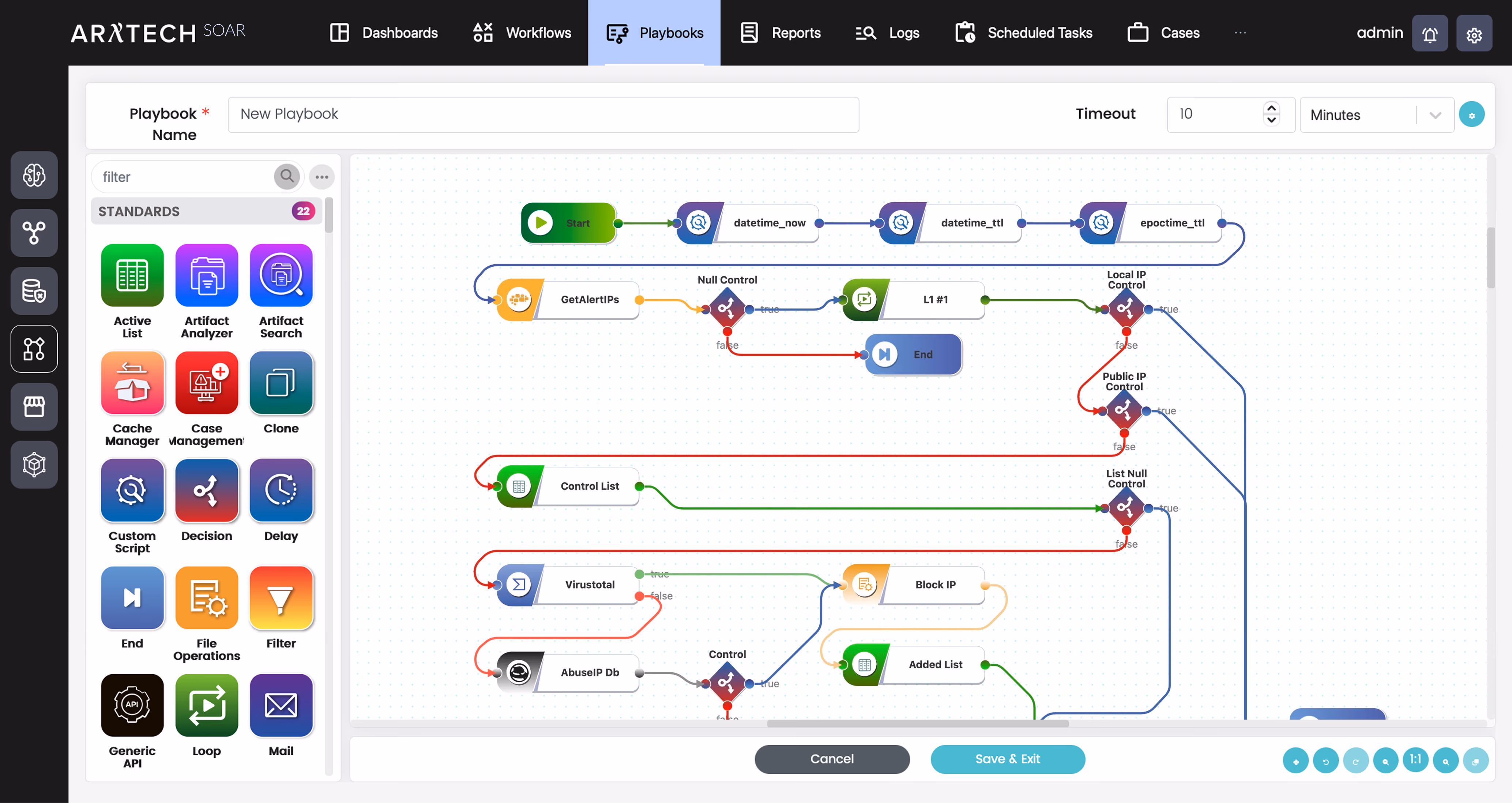 ARRTECH SOAR playbook editor showing a playbook built from standard nodes.
