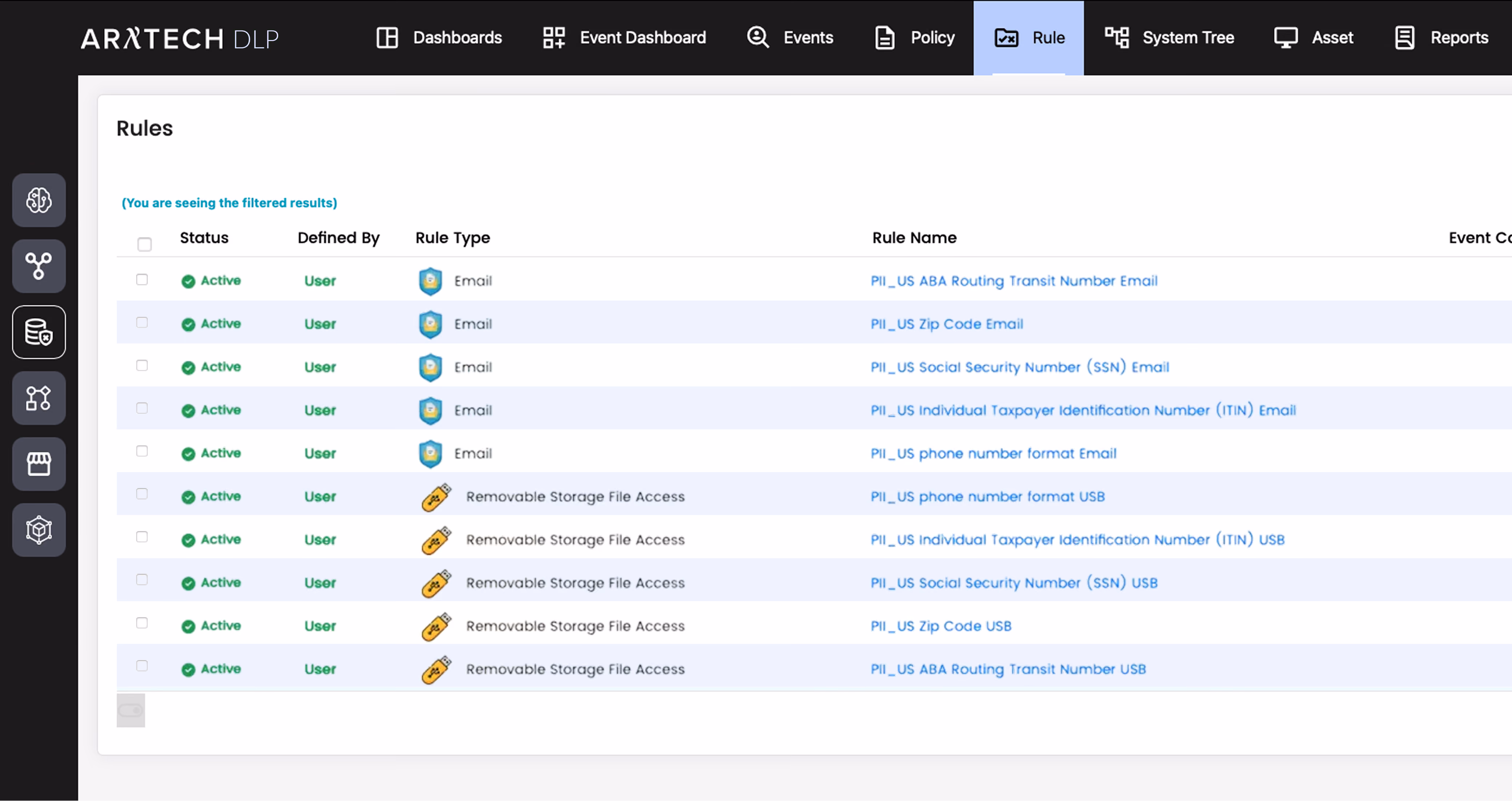 ARRTECH DLP console showing the Rules list: active email and removable storage rules for personal data.