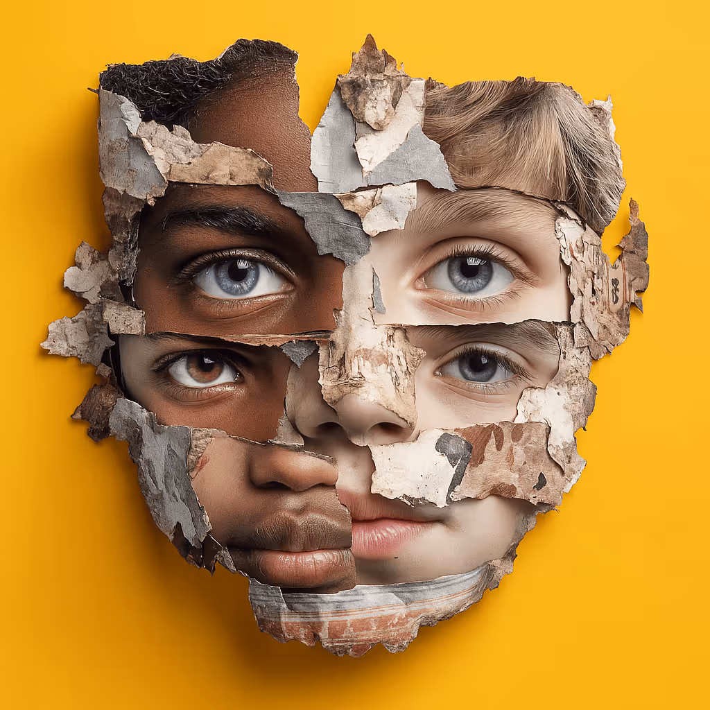Collage of two faces with different skin tones and eye colors fragmented and covered with torn paper pieces on a yellow background.
