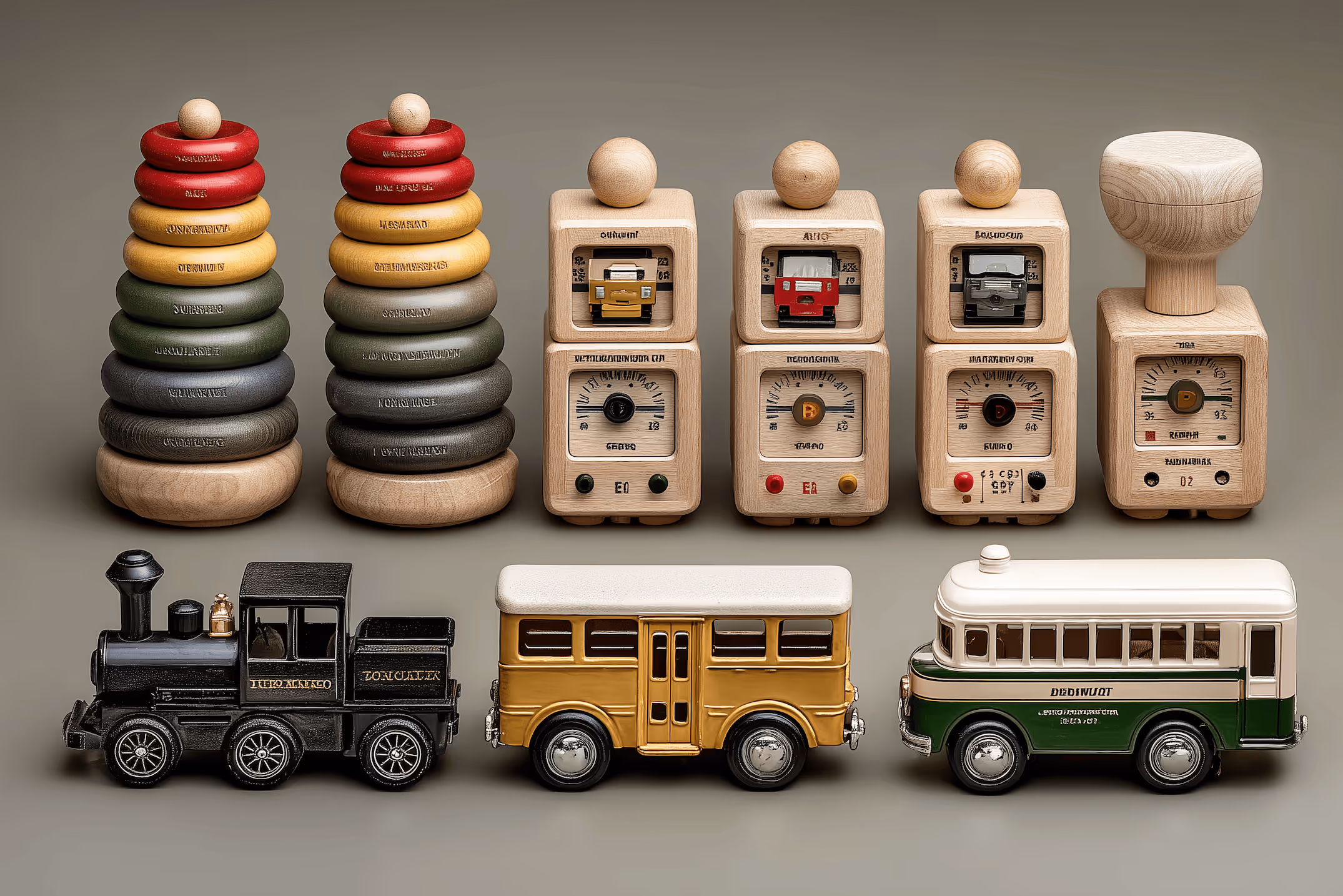 Wooden stacking rings, four wooden cube clocks with knobs, and three vintage toy vehicles arranged on a gray surface.