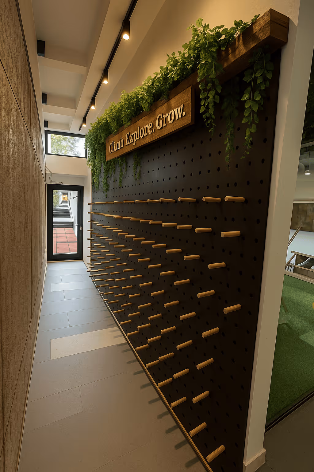 Indoor climbing wall with wooden pegs and a wooden sign above reading 'Climb Explore. Grow.' with green plants hanging over the top.