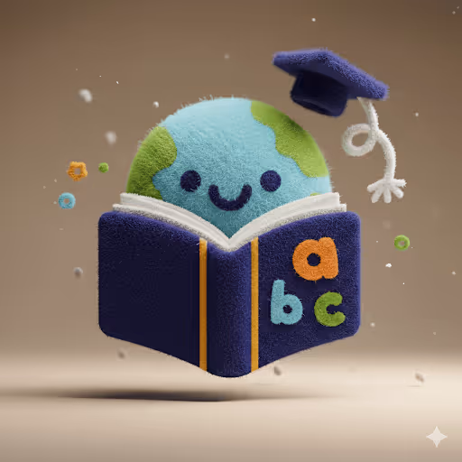 Cute smiling Earth character wearing a graduation cap reading a book labeled with colorful letters a, b, c.