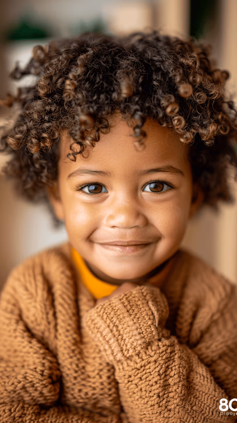 Close-up of a smiling child with curly hair wearing a brown knitted sweater.
