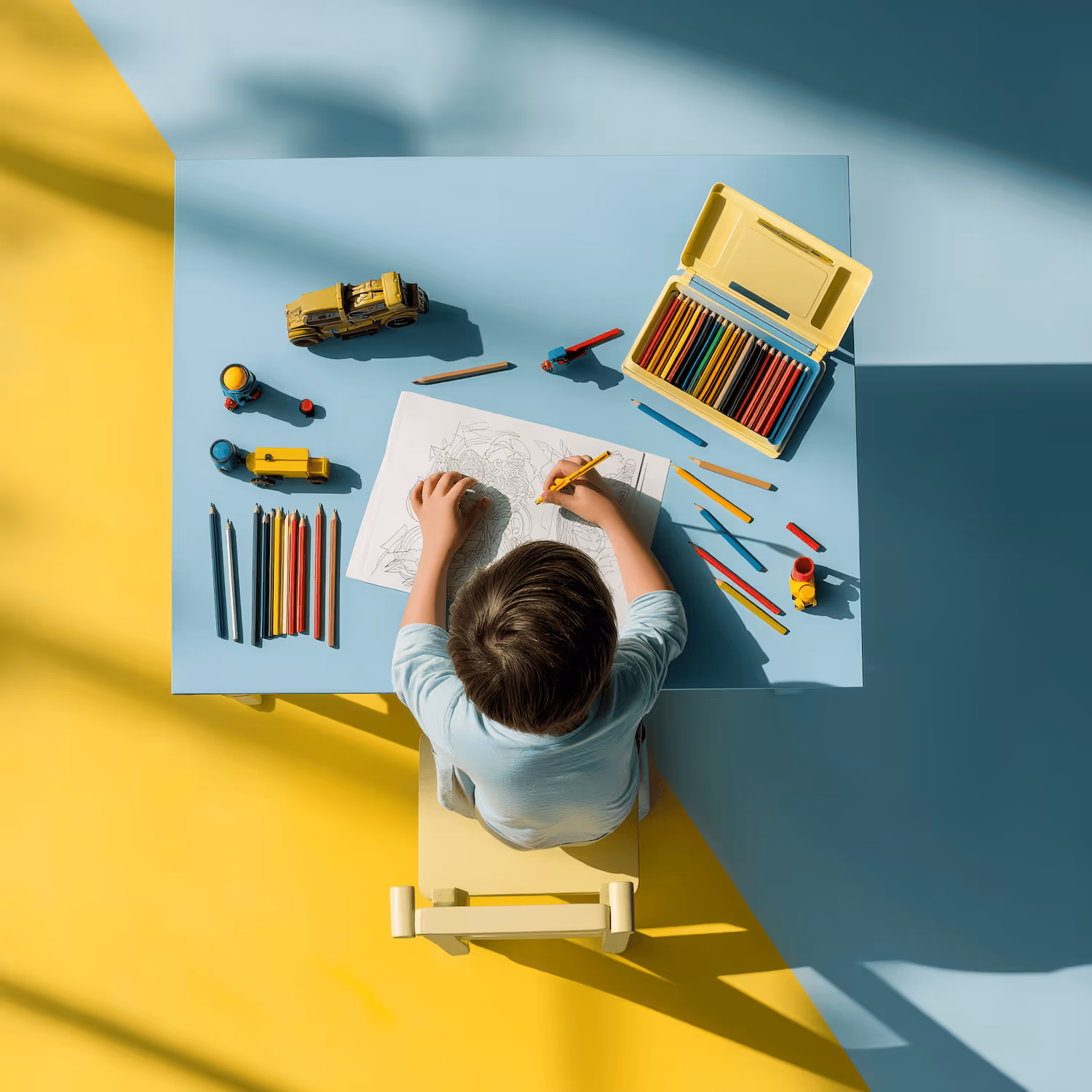 Child coloring a detailed drawing at a blue table with colored pencils and toy vehicles.