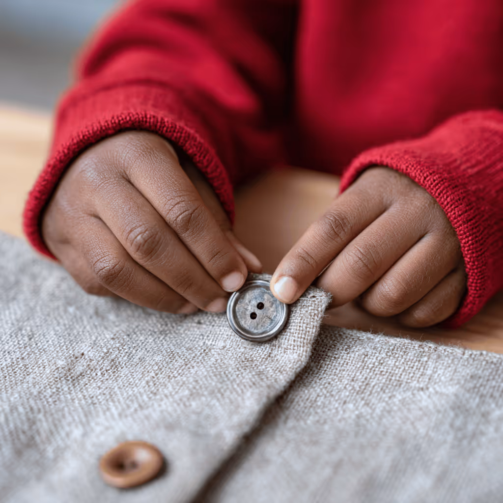 Child's hands buttoning a gray fabric with a large button, wearing a red sweater.