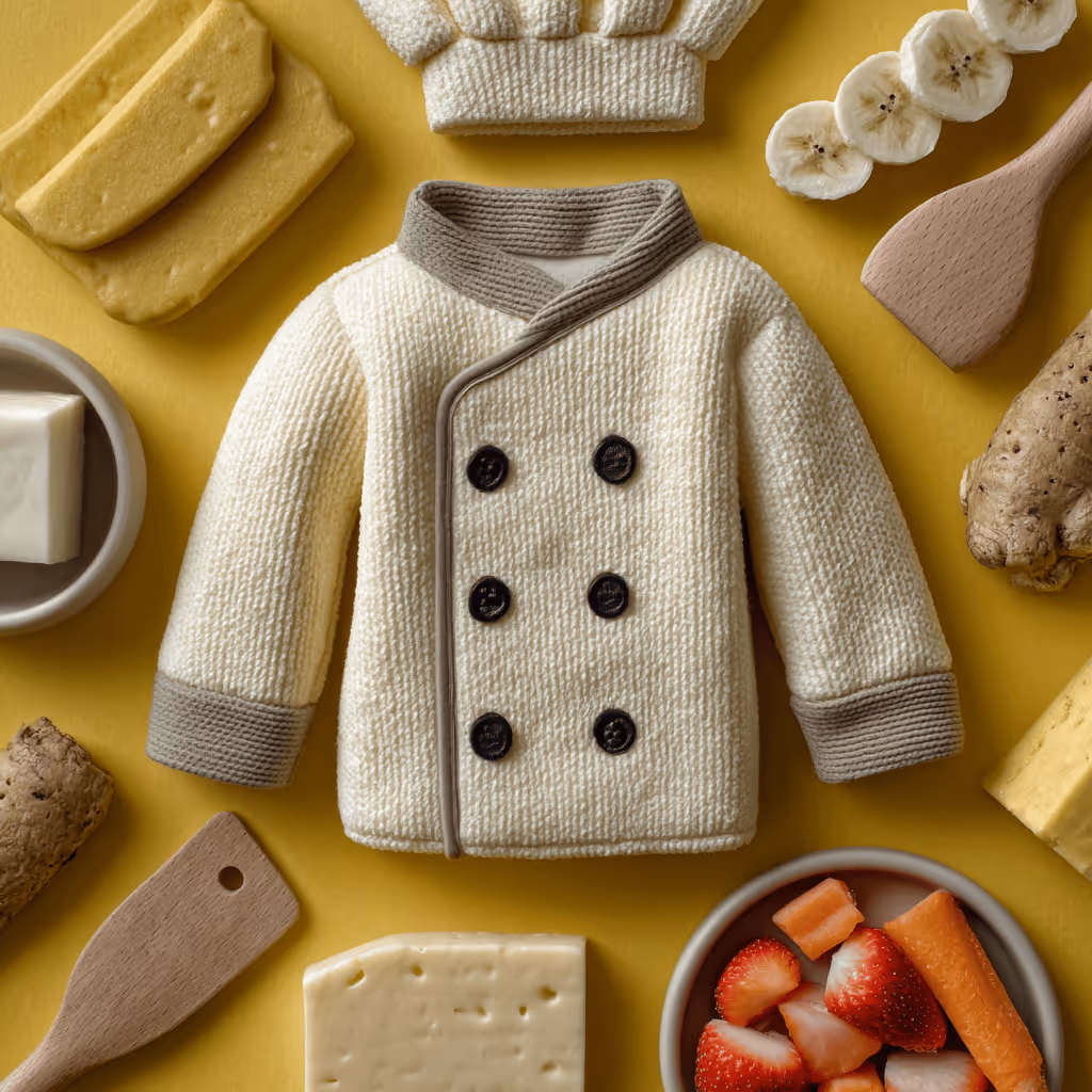 Small cream-colored baby chef jacket with brown cuffs and buttons, surrounded by kitchen utensils and food items on a yellow background.