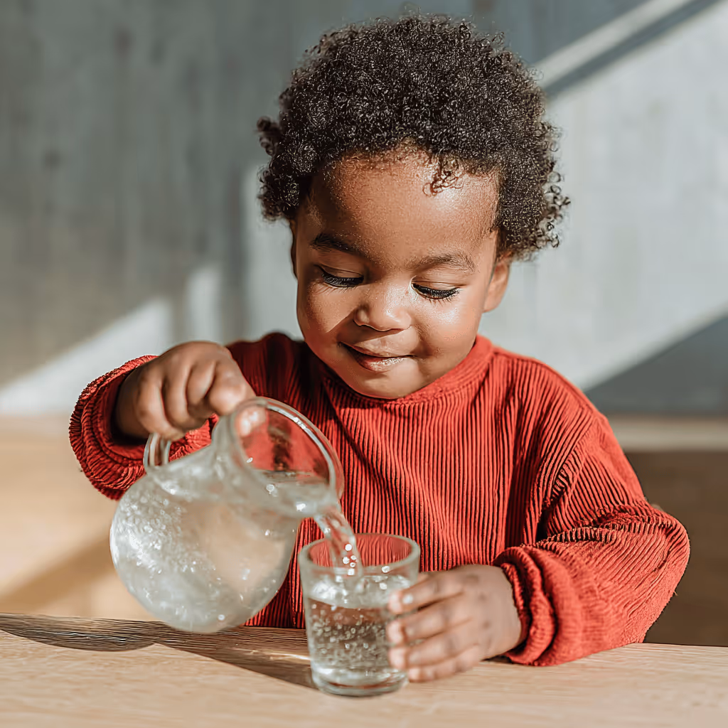Young child in red long-sleeve shirt pouring water from a glass pitcher into a glass at a wooden table.