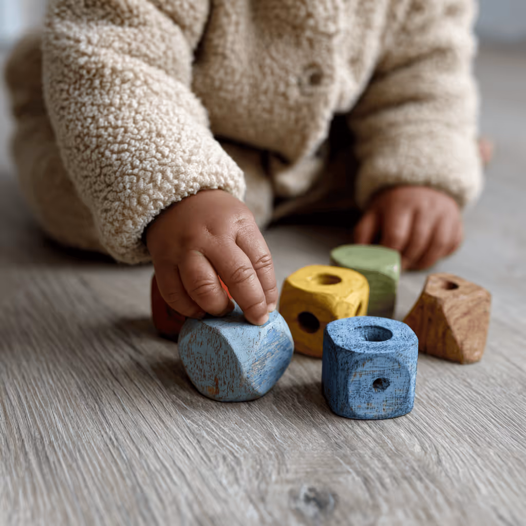 Child wearing a beige fuzzy jacket playing with colorful wooden blocks on a wooden floor.