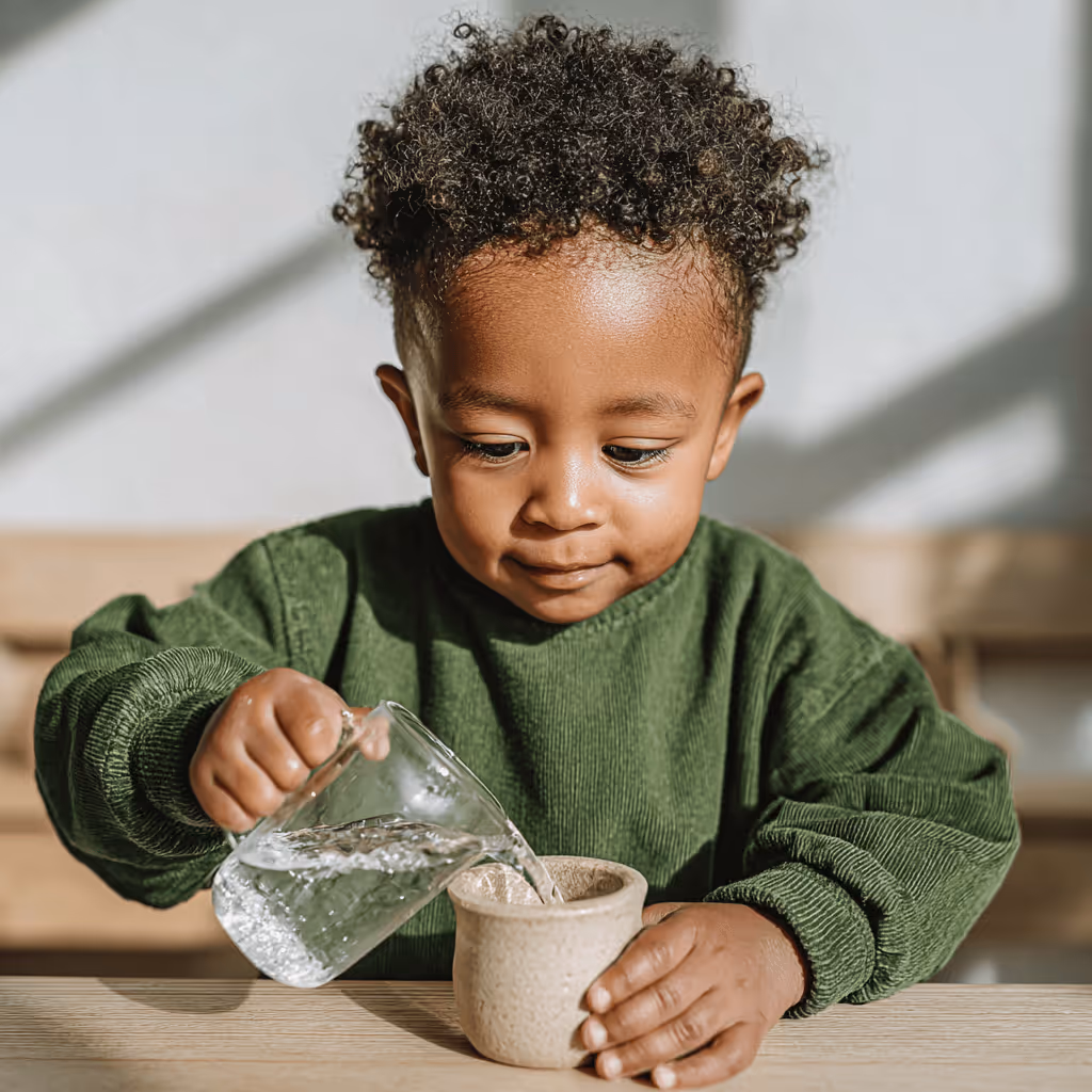 Young child in a green sweater pouring water from a clear glass container into a small ceramic cup.