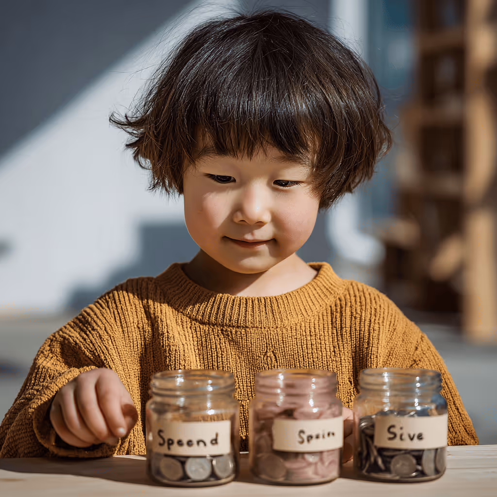 Young child in a mustard sweater sorting coins into three labeled jars on a table.