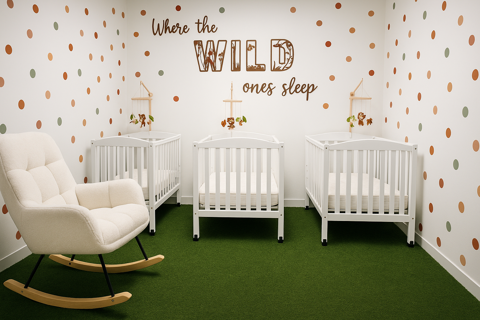 Infant nap room at ENLA Learning in Fishtown, Philadelphia, with three cribs, wooden mobiles and a rocking chair