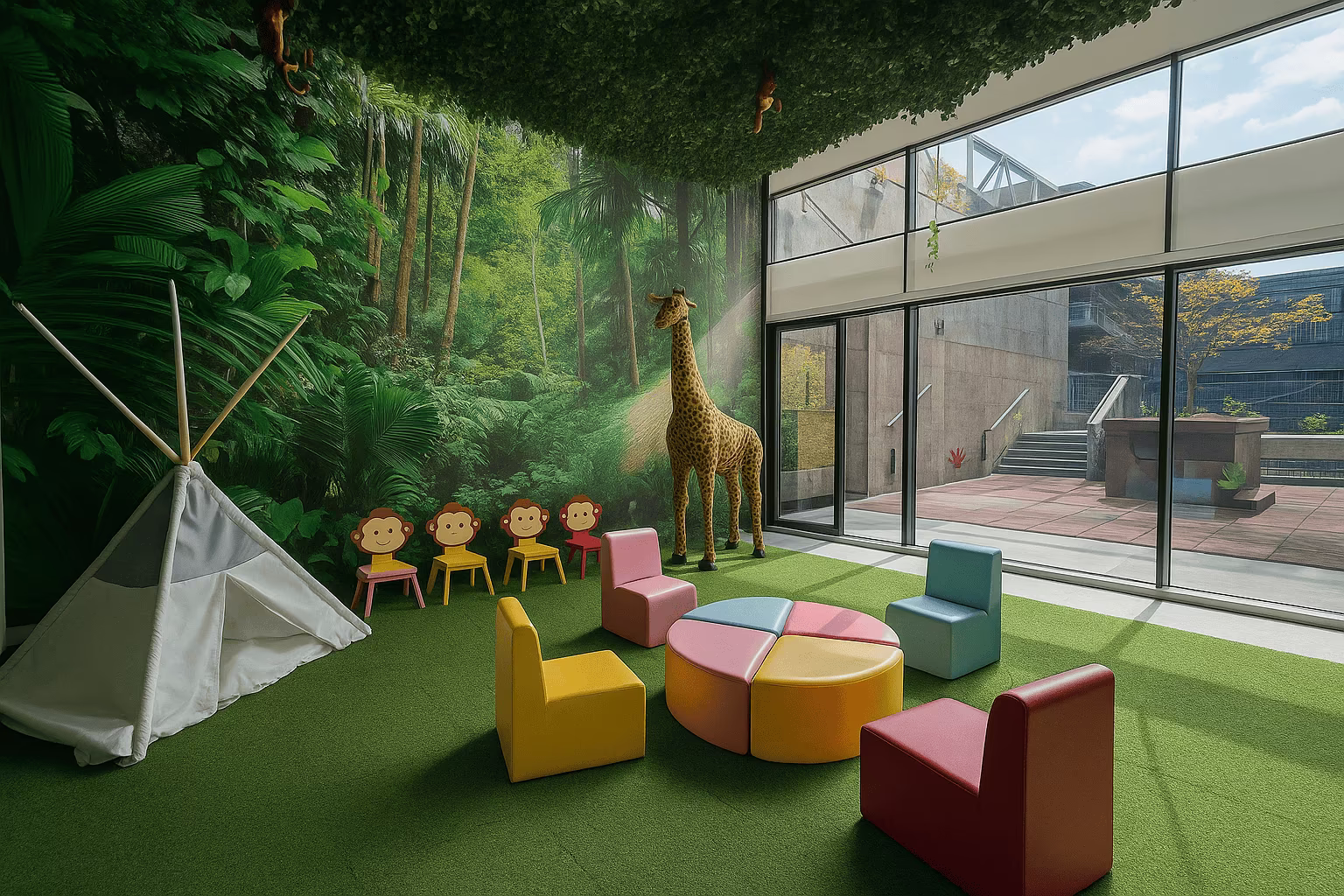 Jungle-themed indoor play area with life-size animals and colorful seating at ENLA Learning in Fishtown, Philadelphia