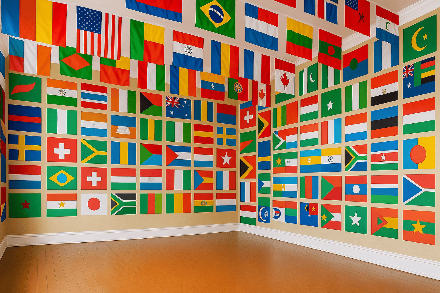 World flags classroom wall celebrating cultural diversity at ENLA Learning daycare in Fishtown, Philadelphia