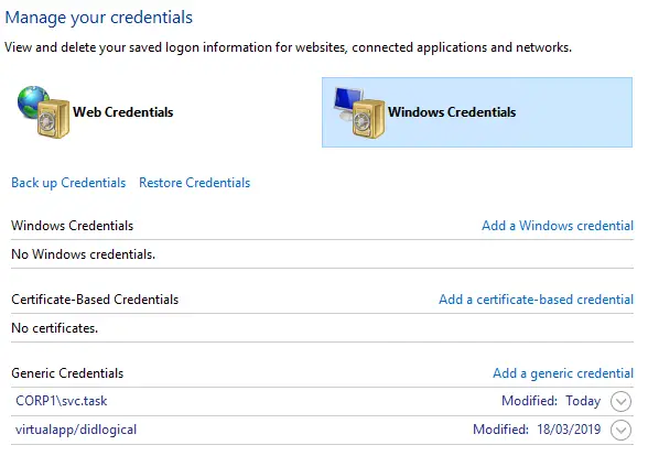 Windows Credential Manager showing stored credentials