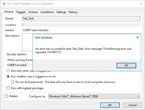Task Scheduler error when saving a task with Group Policy enabled