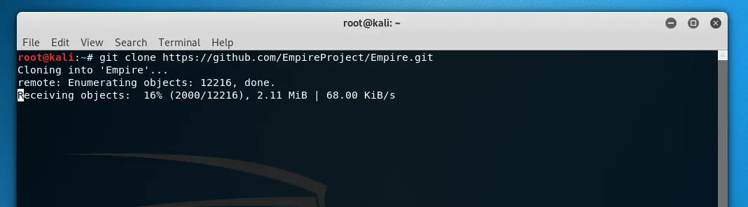 Cloning the Empire repository and running the install script in Kali