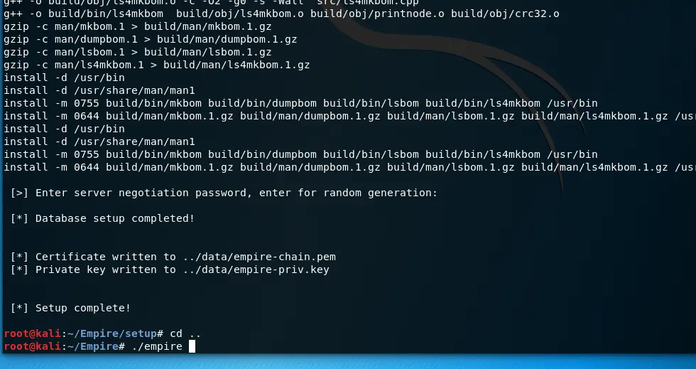 Empire installation completing in Kali