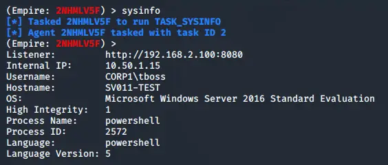 Output of the Empire sysinfo command