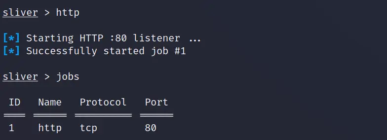 Starting a Sliver HTTP listener and confirming it with jobs