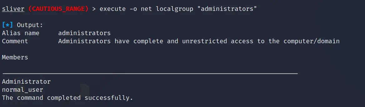 net localgroup administrators output confirming local admin membership