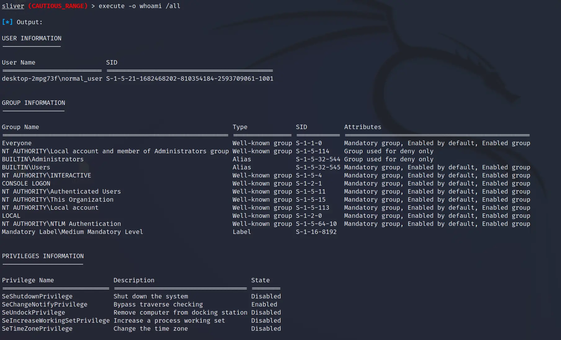 whoami /all output showing a Medium Mandatory Level token