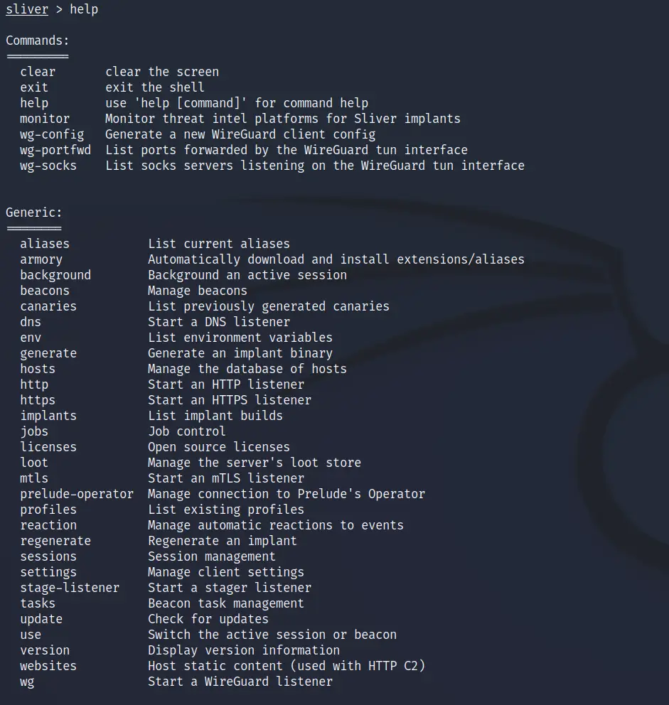 Output of the Sliver help command