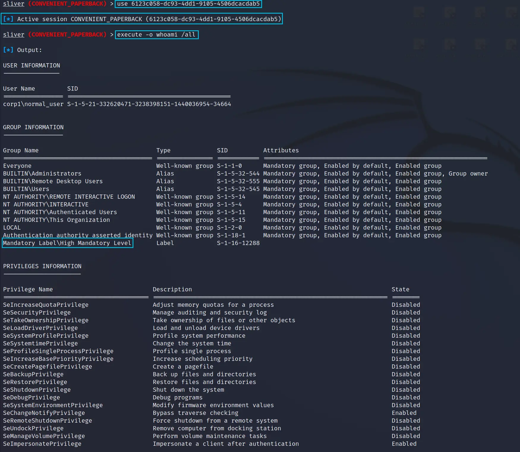 whoami /all on the admin session showing High Mandatory Level and SeDebugPrivilege