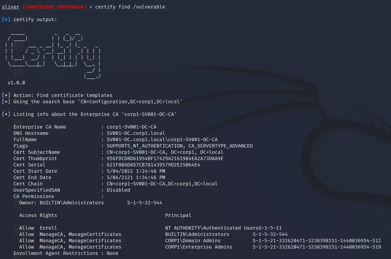Certify output showing the Certificate Authority configuration