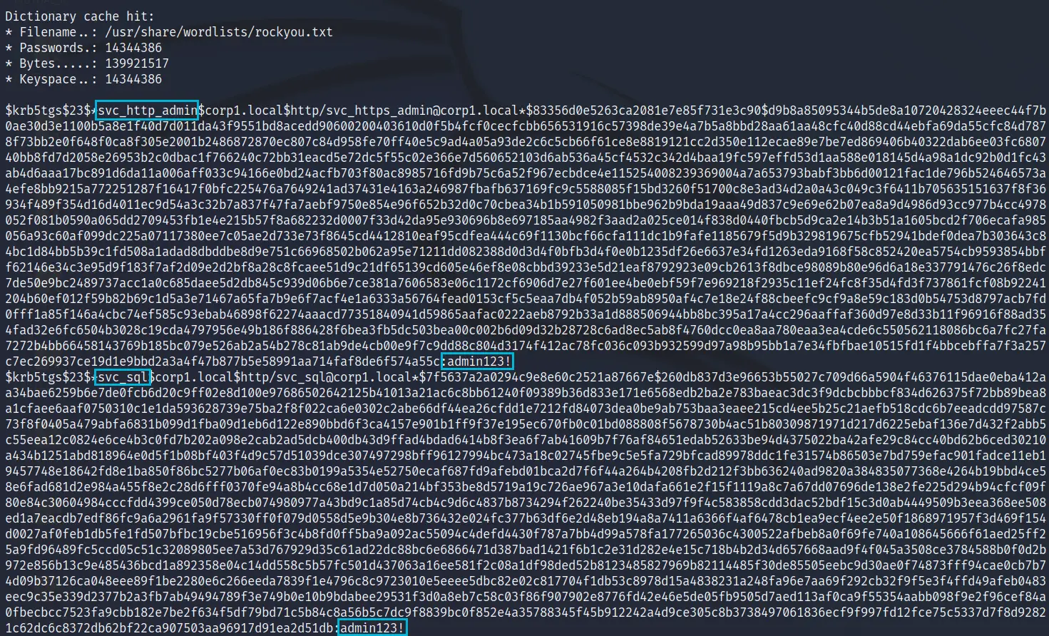 Hashcat cracking a Kerberoasted service account hash