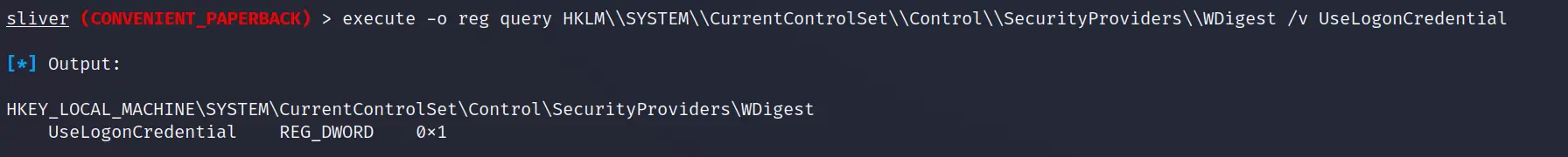 Registry query showing WDigest UseLogonCredential set to 1