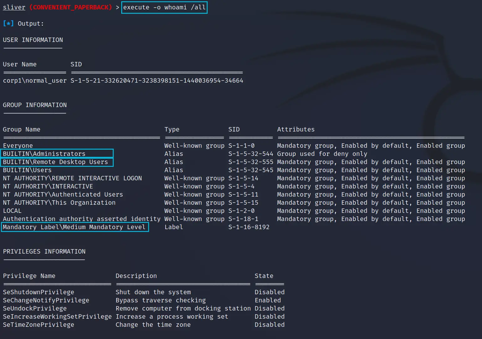 whoami /all output for the normal user showing Medium Mandatory Level