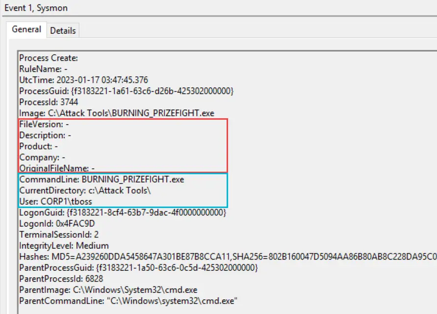 Sysmon process creation event for the Sliver beacon